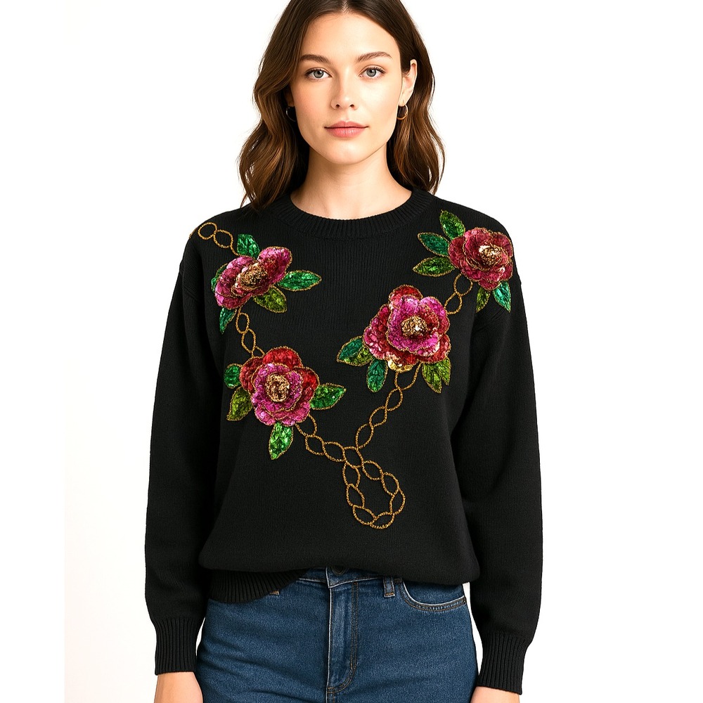 VTG 80s 90s Beaded Sequin 3D Floral Chain Sweater Black Large Maximalist Glam‎